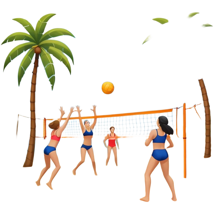 A volleyball resting on the orange sand of a beach, with a volleyball net in the background. The scene includes a beautiful beach landscape with blue sea, sky, and palm trees, while a couple of women in swimsuits play in the distance, capturing the relaxed yet competitive vibe of beach volleyball. emoji