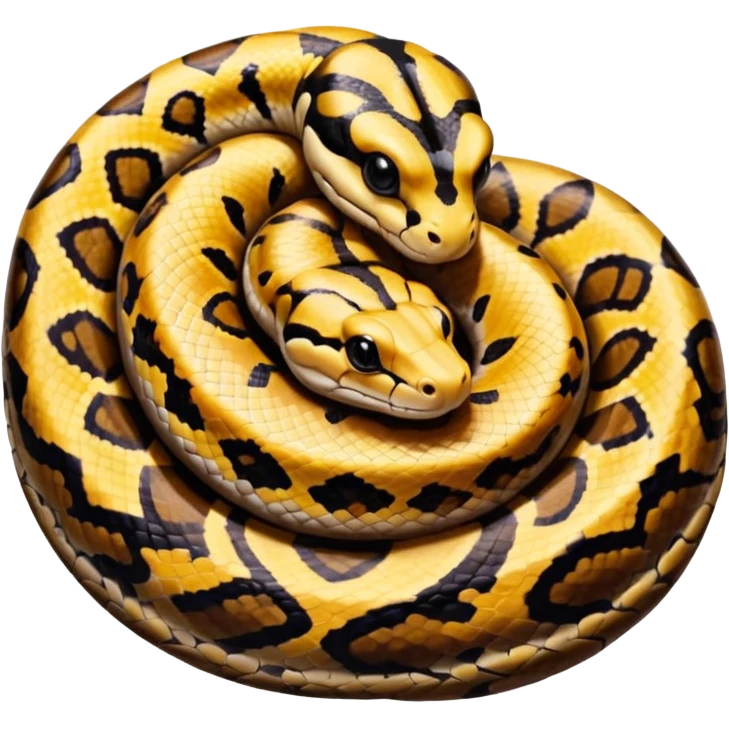 A photo-realistic top-down view of a Ball Python gently coiled into a tight spiral, with its head resting peacefully at the center. Its scales are warm brown with bold, irregular black markings, including the distinctive “alien-head” pattern, flowing smoothly along its body.  emoji