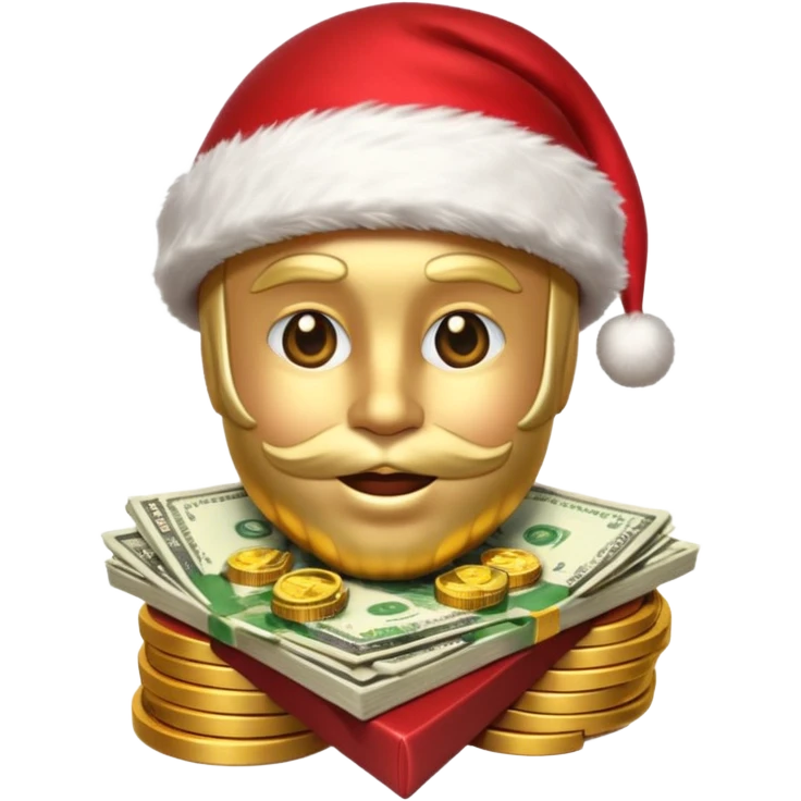 A confident rich emoji face wearing a Santa hat, money stacks, casino vibe, New Year theme, premium 3D emoji style, sharp details, no t emoji