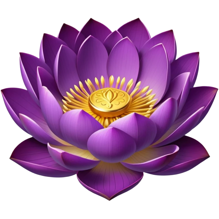 Elegant purple lotus flower with rich violet petals and golden center, accompanied by botanically accurate lotus leaf with distinctive notch and upturned edges emoji