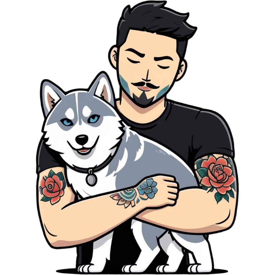 Tattooed arms man hugging a husky emoji