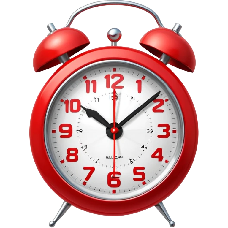 “Classic alarm clock emoji ⏰ in clean 3D style, smooth rounded clock body, bright red color, shiny metallic bells, ultra-glossy plastic texture, reflective surface, clear clock face with simple hands, soft studio lighting, subtle highlights, cute emoji proportions, ultra-polished 3D look,  emoji