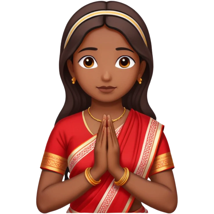 Bengali girl wearing traditional red and white saree with hands joined in prayer position emoji