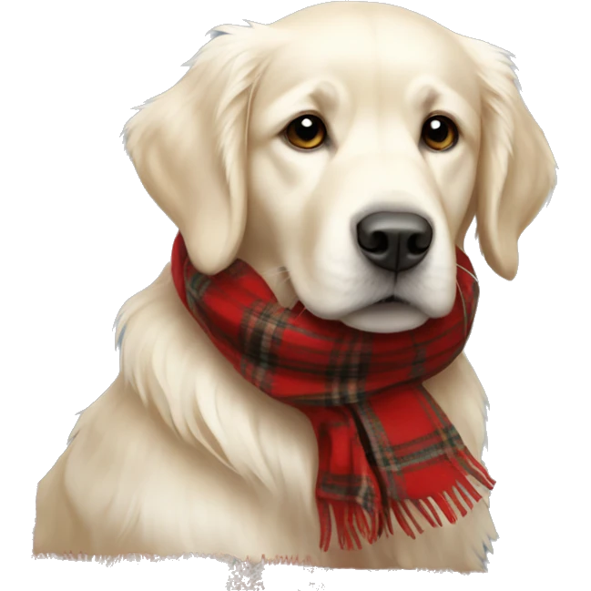 White golden retriever wearing a red plaid scarf emoji