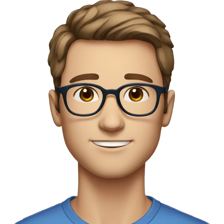 Male, short brown hair, glasses, sharp jawline, blue eyes, freckles emoji