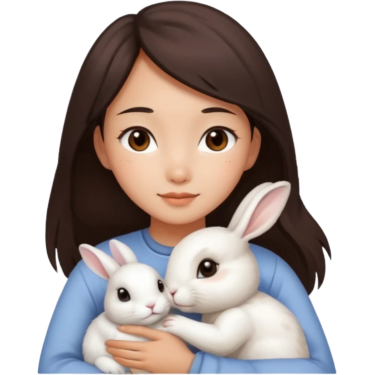 A young Asian woman with dark brown, almost Asian girl with dark brown hair, brown eyes, light Asian skin, hugging a white rabbit with light brown spots, soft and warm atmosphere.
  emoji