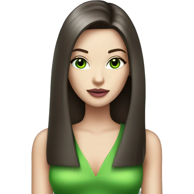 Brunette bombshell supermodel girl with long straight hair, pale skin, pink lips and green eyes emoji