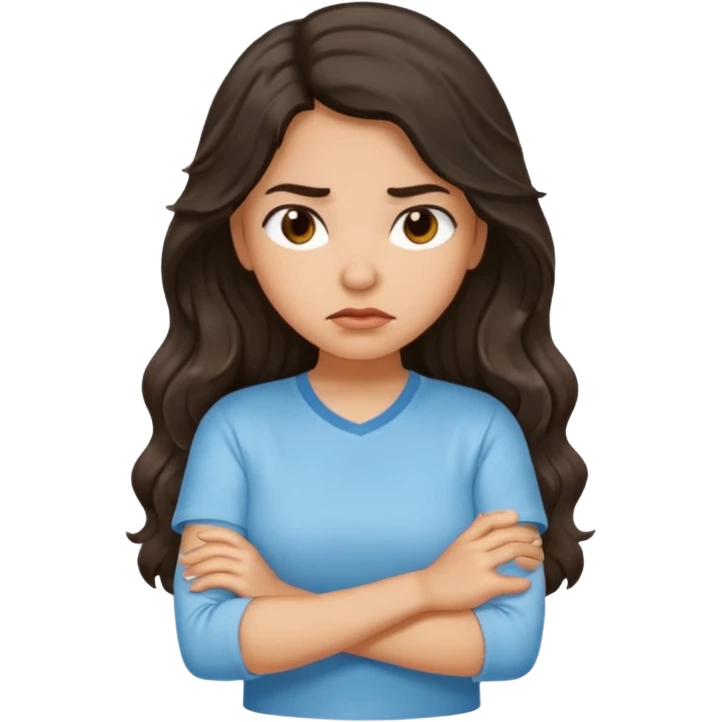Hispanic light tan girl with long dark wavy hair with arms folded and pouting emoji