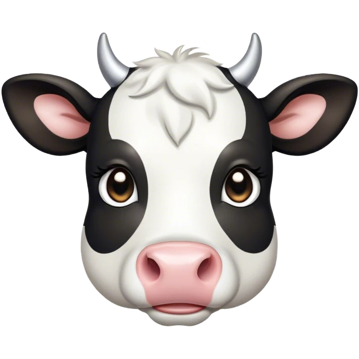 Cinematic Cute Black and White Cow Portrait Emoji, Head tilted playfully and inquisitively, featuring a glossy, contrasting coat of black and white, round, sparkling brown eyes filled with gentle curiosity, Simplified yet irresistibly adorable features, highly detailed, glowing with a warm, friendly glow, high shine, affectionate and serene, stylized with a touch of contemporary charm, bright and endearing, soft glowing outline, capturing the essence of a mischievous yet loving cow, so playful it feels like it could moo out of the screen and into your arms! emoji