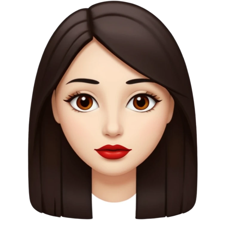 A woman emoji with fair skin, long straight dark brown hair parted in the middle, an oval-shaped face, arched dark eyebrows, almond-shaped brown eyes, a small nose, and full lips colored with red lipstick. emoji