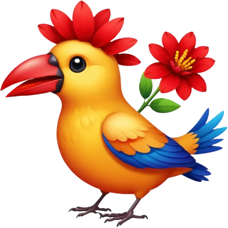 A bird carrying a red flower in its mouse  emoji