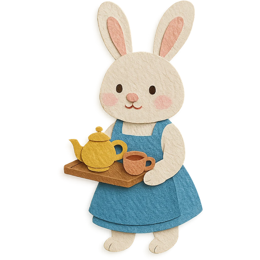 highly detailed, high quality paper craft style illustration of a white bunny in an apron holding a tea tray, intricate textures, soft lighting, delicate cut-paper details emoji