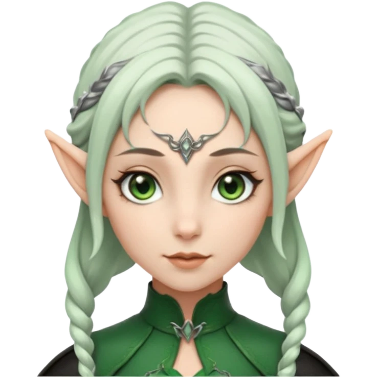 Haz un emoji de una chica con piel blanca ojos marrones y verdes nariz puntiaguda orejas de fae labios finos pelo plateado con un recogido y ropa de cuero negra emoji