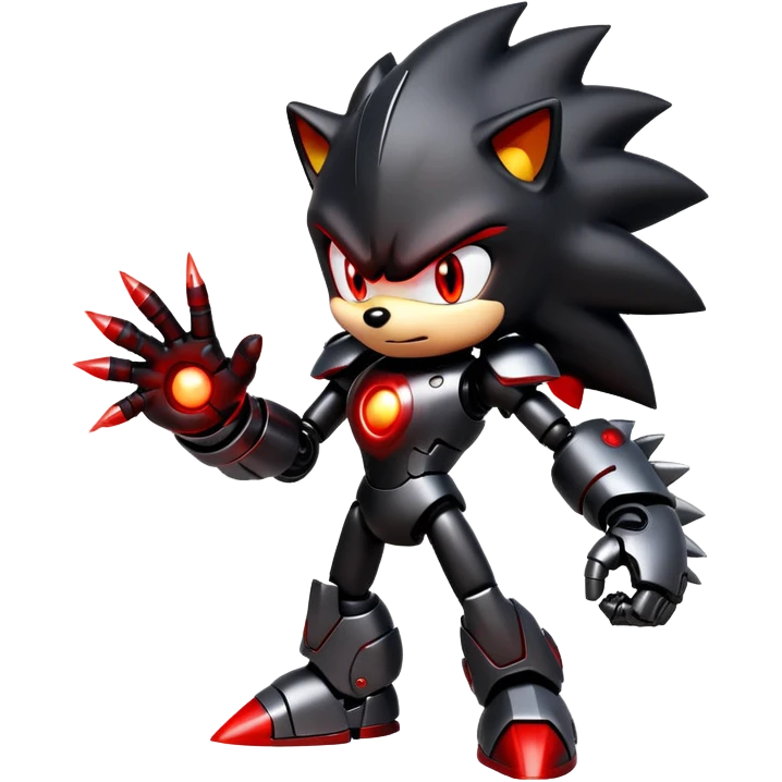 Robotic Shadow the Hedgehog with black metallic body, red glowing eyes, red energy streaks, and battle stance emoji