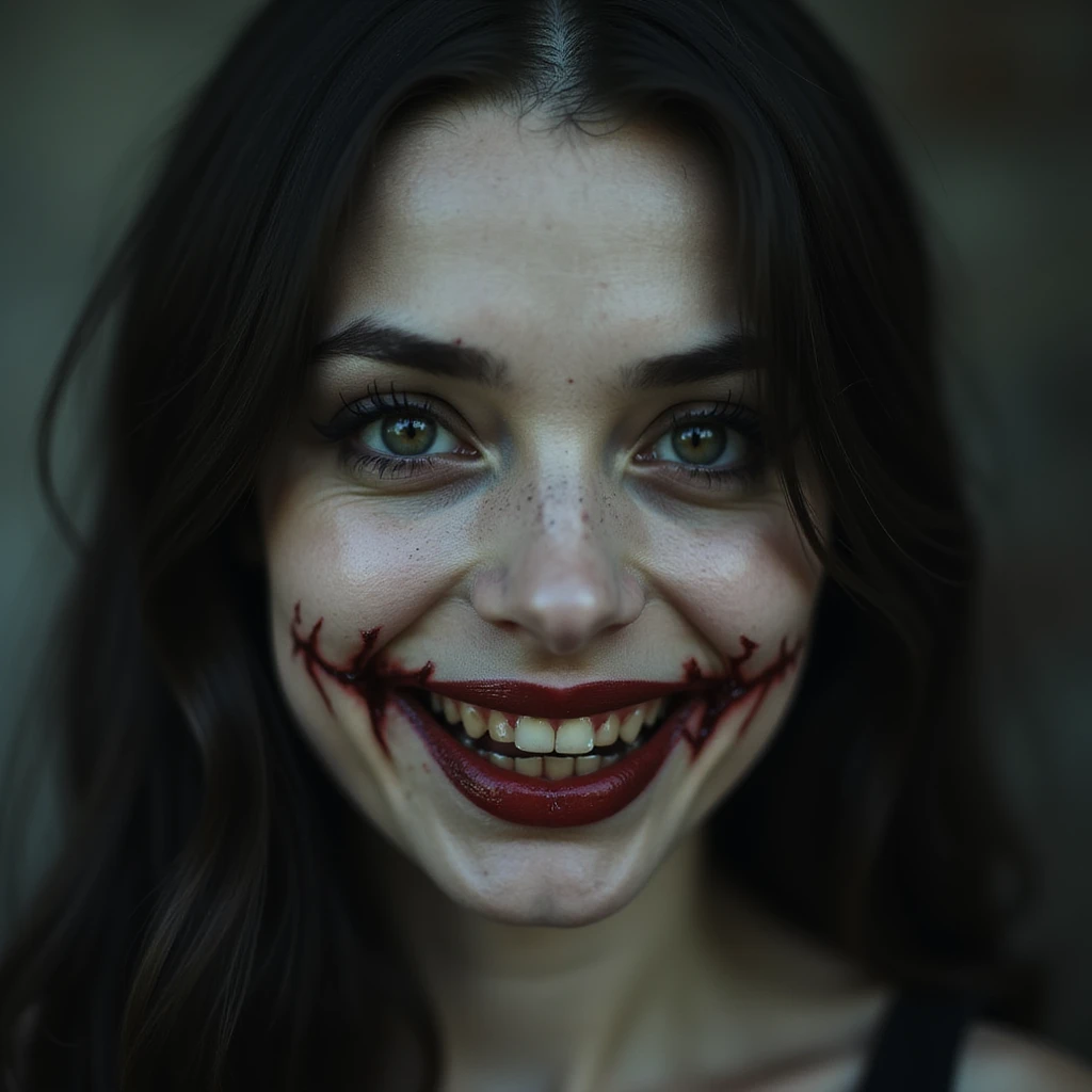 realistic horror portrait of a hauntingly beautiful woman with stitched lips, eerie smile, shadowy background, gothic horror emoji