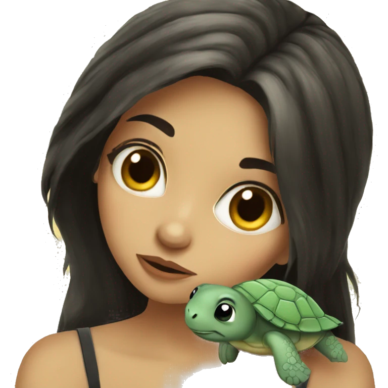 European girl with dark hair kiss little turtle emoji