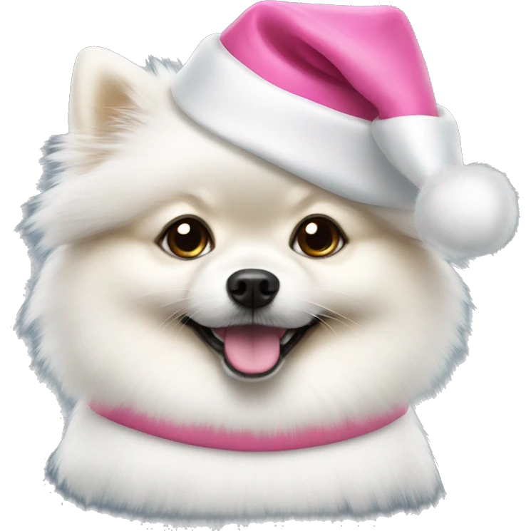 White Pomeranian with pink santa hat emoji