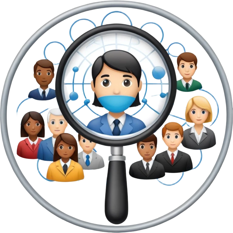An icon featuring a network of interconnected people, a magnifying glass, and a chart, symbolizing sociology. The design includes diverse figures and social patterns, representing the study of society, behavior, and social structures. Transparent background highlights human interaction emoji