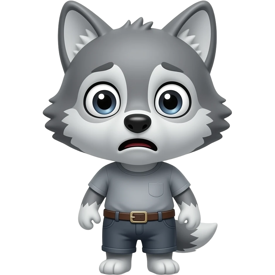 A little gray wolf shaped like a little human, dressed in gray, looking at us because he's very afraid. emoji