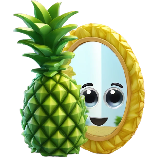 3D elegant pineapple🍍  with big shiny eyes 👀 pineapple holds mirror with its reflection 🪞🍍 emoji