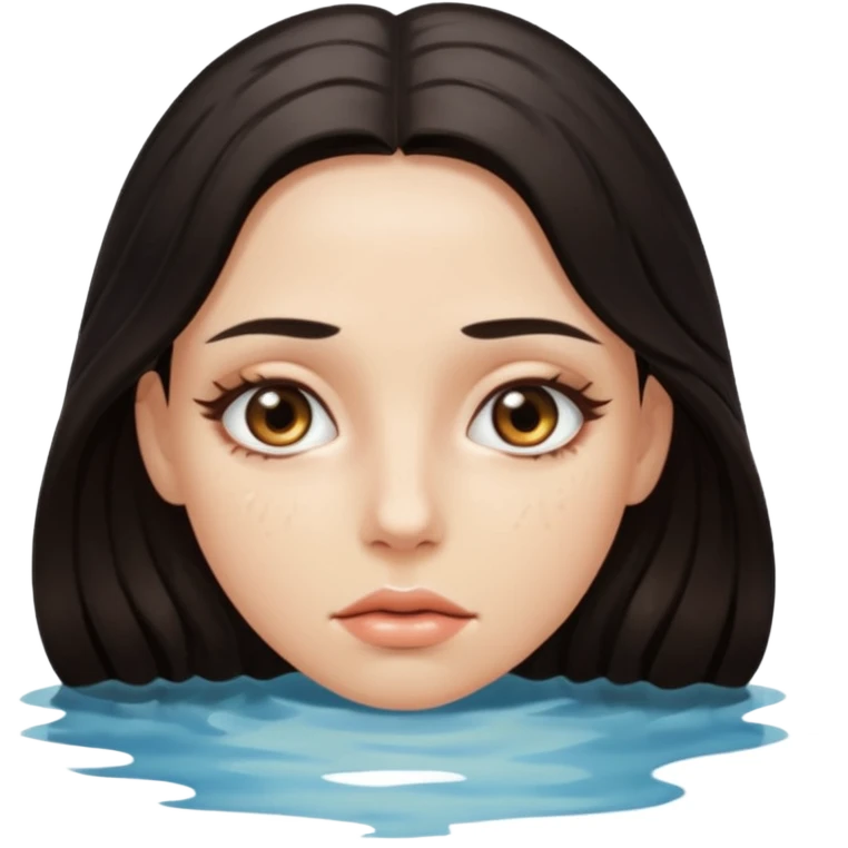 Woman submerged in black water, wet skin and eyes above surface, silent invitation emoji