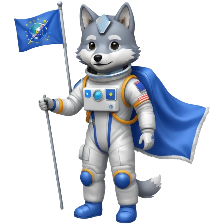 a wolf in space suit, holding blue rectangle flag, full body, front view emoji