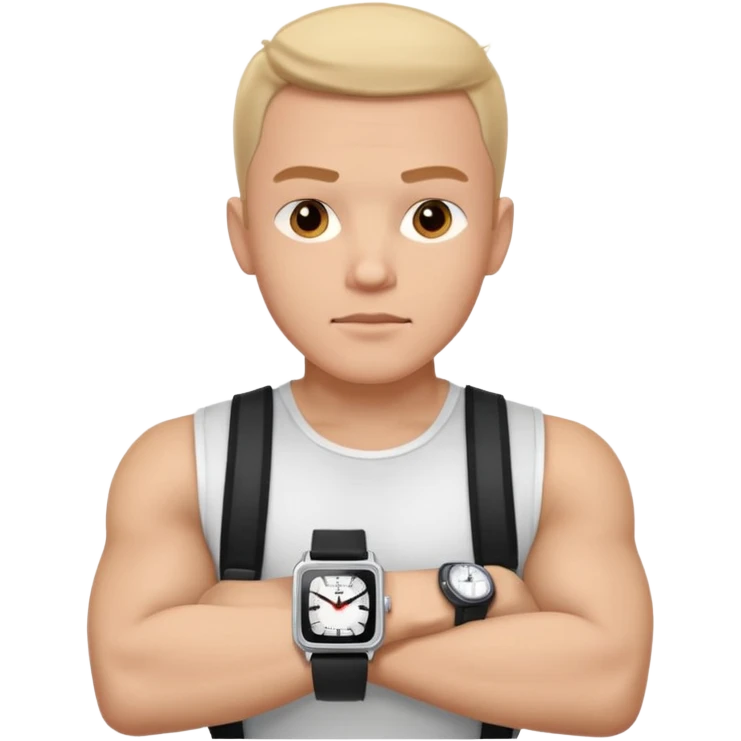 man wearing a black strap watch portrait, head and shoulders only, square jawline, strong facial structure, confident expression, black strap wristwatch visible, 3D cartoon, mobile game icon style, clean background, no text, no watermark
 emoji