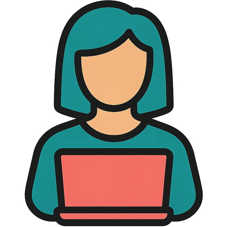Icon style illustration of a teal woman at a laptop, minimal design, with slightly rounder laptop corners, matching the reference image. emoji