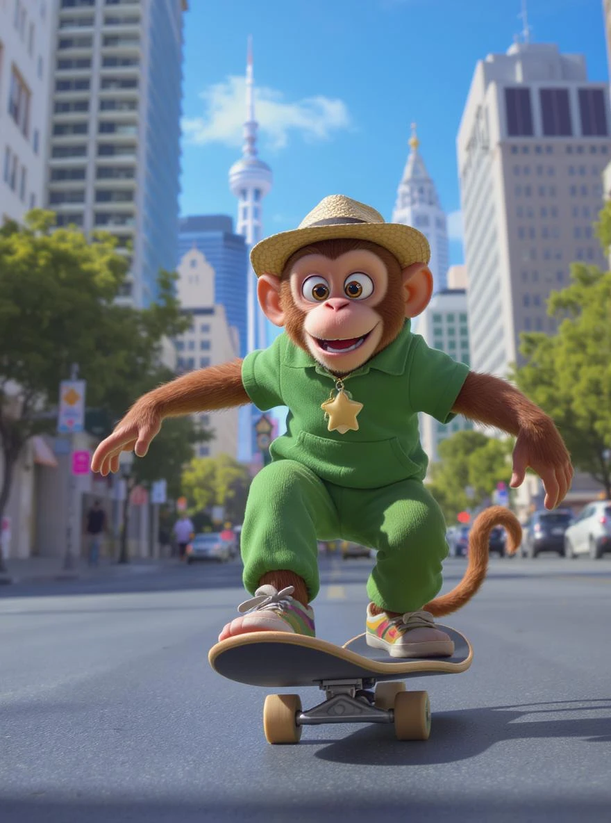 Disney style, Cinematic still scane, Low angle medium shot, monkey dress in green outfit, monkey ride on skateboard, san francisno downtown with city lanscape, blue clean sky, captured by ARRI Alexa XT, soft cinematic lightning emoji