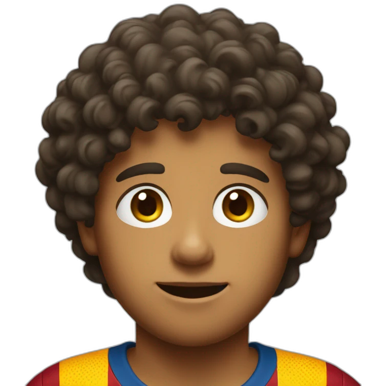 A boy wear Barcelona T-shirt and he has curly hair emoji
