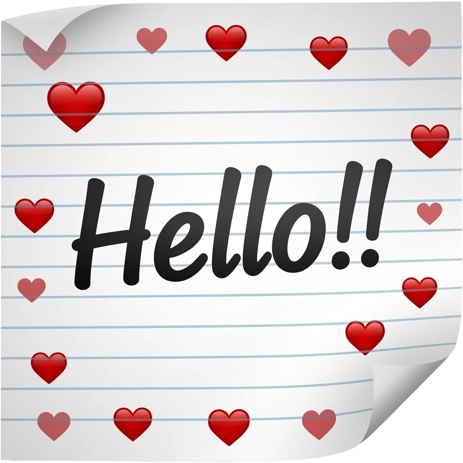 high quality, sticky note that says "Hello!!" with many, red tiny hearts in transparent emoji