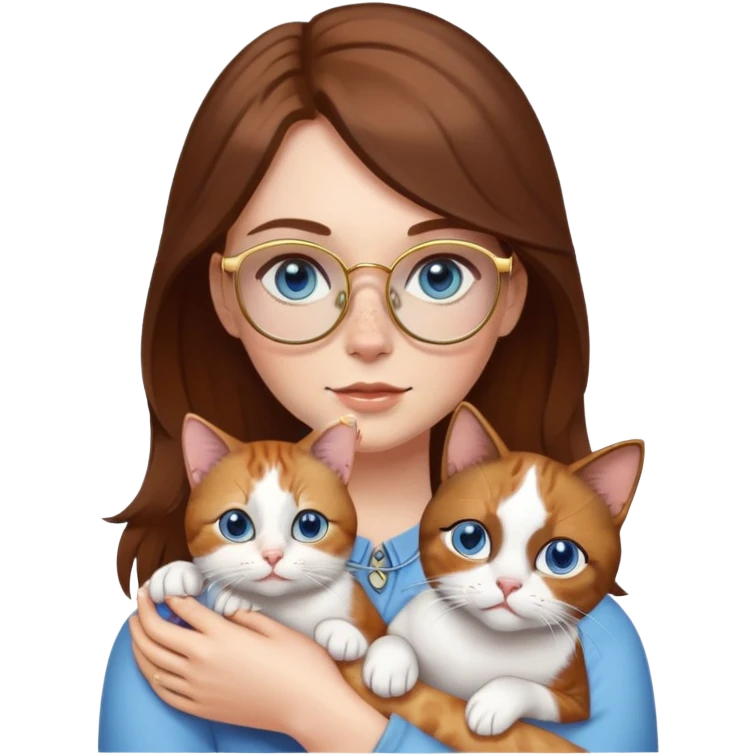 White girl with blue eyes, brown hair, freckles, and gold glasses, holding a small calico cat emoji
