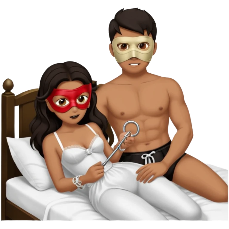 Male submissive in a mask and chastity while tied down to a bed while being pegged by a Hispanic femdom emoji