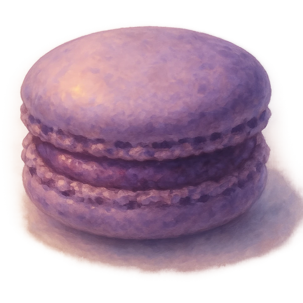 realistic Ghibli style purple macaron, dreamy lighting, soft painterly textures, appetizing and delicate emoji