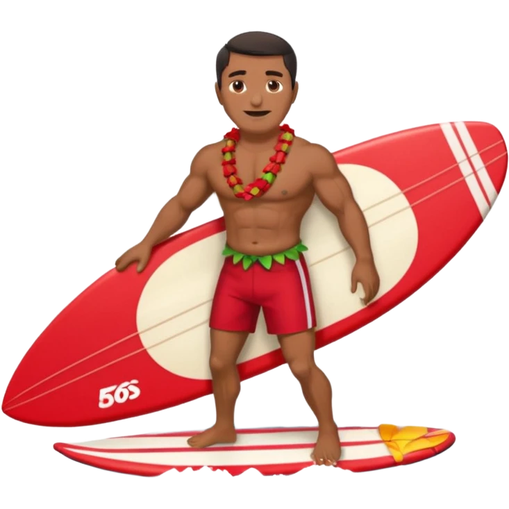 Dark-haired tan muscular 50 year old man with red shorts and shell lei surfing emoji