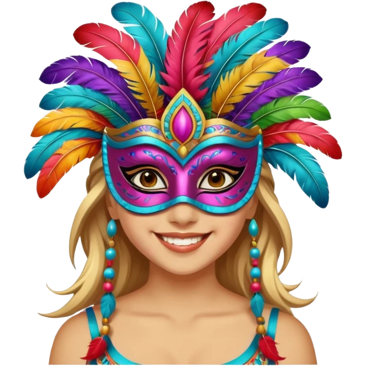 A girl wearing a decorated festival mask with bright feathers, smiling softly beneath it. emoji
