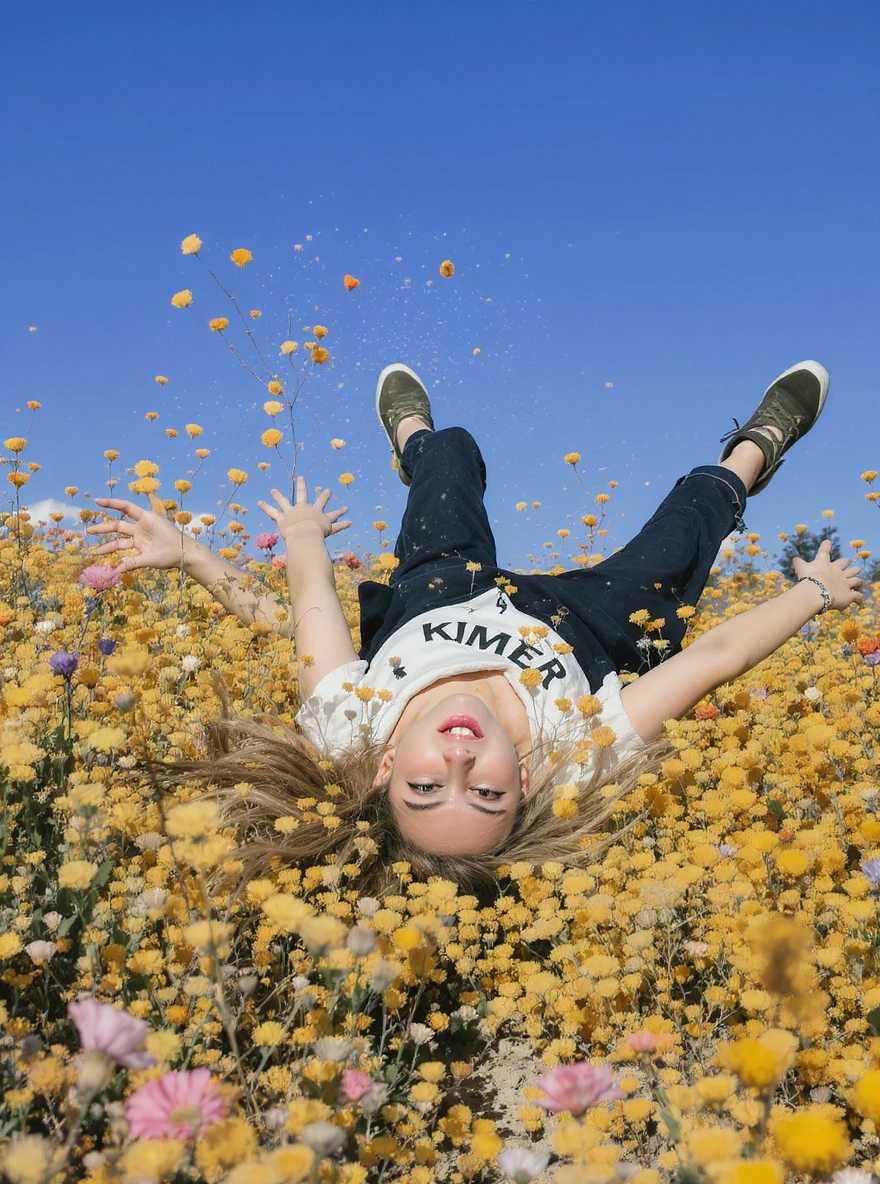 Closeup photo of a woman falling down (almost hit the ground) around colorfull flowers wearing alternative fashion, blue sky minimalistic background emoji