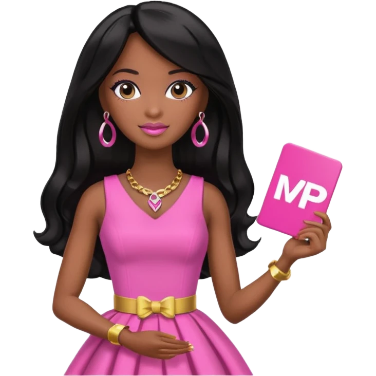 Black barbie, long black  hair, pink dress holding mvp sign  emoji