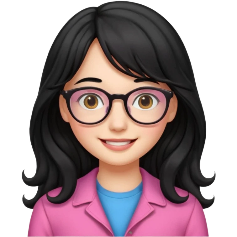 Please generate a portrait of a pretty girl with long, wavy, black hair. She's smiling. She also wears a middle parting and bangs. with glasses pink clothing emoji