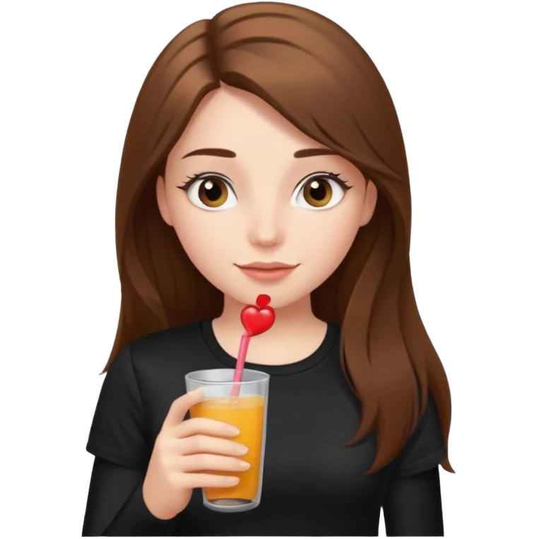 girl with long brown hair, rosey cheeks, long eyelashes dressed with a black thight tshirt and a drink in her hand emoji