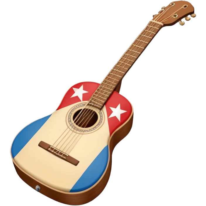 “Flat vector icon of a Cuban tres guitar in three-quarter view, warm brown wood with 3 string courses, thick outline, centered on a warm cream or beige rounded-square (or circle); add a small simplified Cuban flag (blue, red, white) on the soundboard like a sticker.  emoji