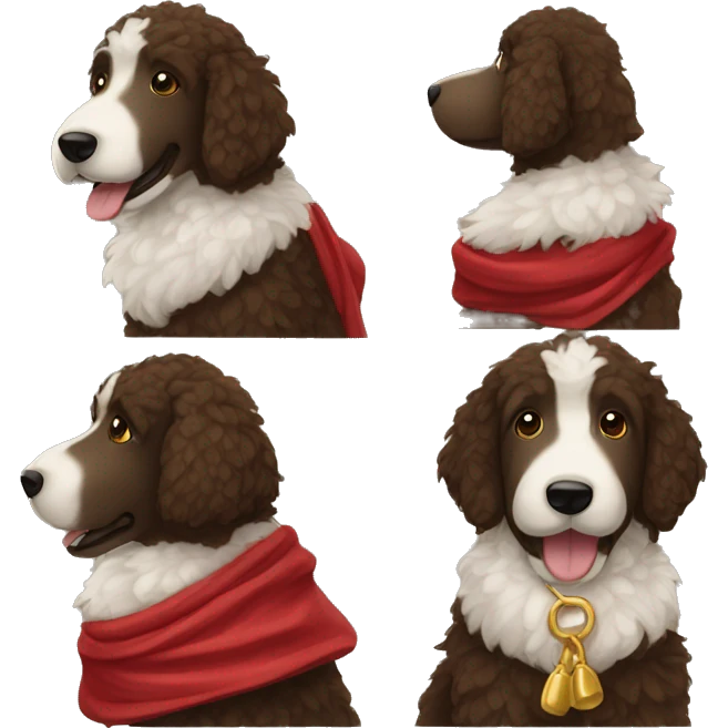 A furry dark brown with white golden doodle in a red scarf emoji