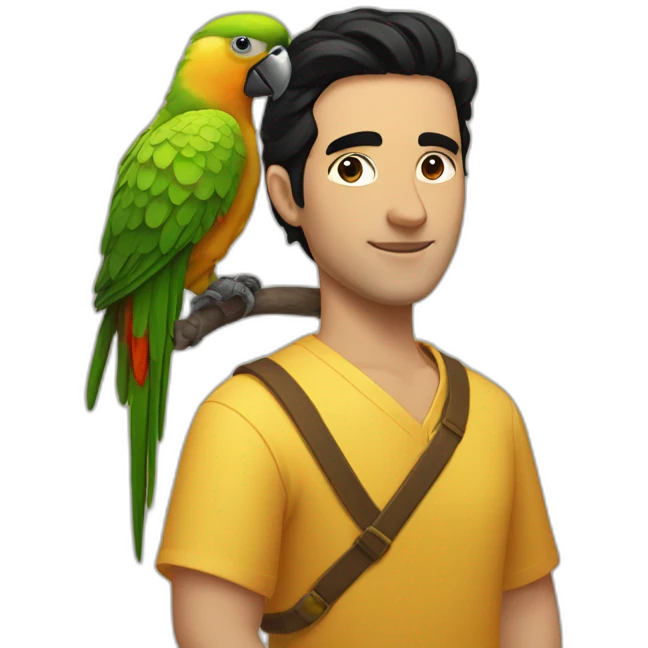 A man with black hair, wearing a honey-colored dress, with a parrot on his shoulder  emoji