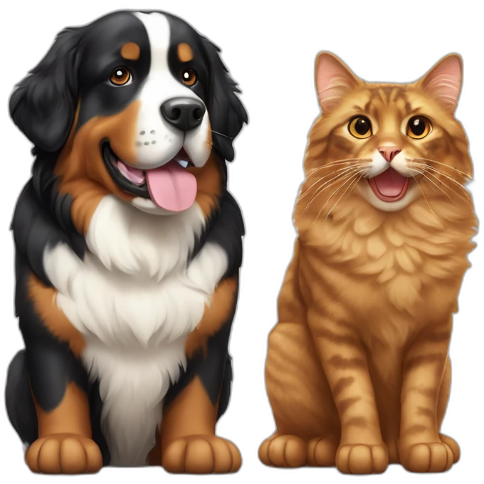 A Bernese dog beside A tortoise shell cat without white fur emoji