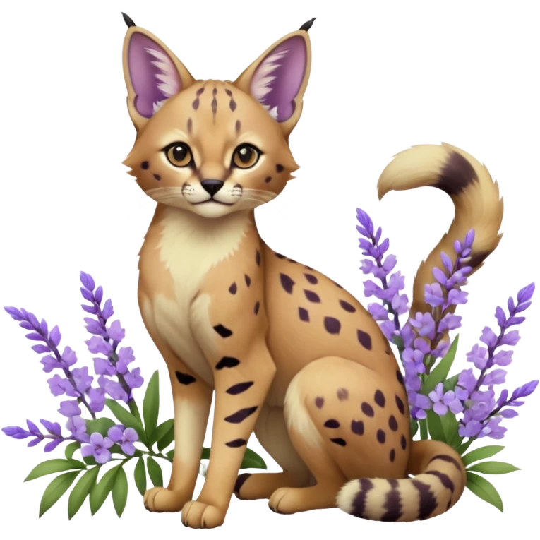 Realistic wild real life cute cool beautiful gorgeous floral pastel-lilac-violet-lavender caracal-serval-civet-genet-hybrid-animal-Fakémon-fursona photo IRL outside (full body) emoji