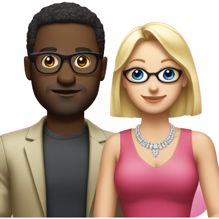 White blonde woman with no glasses in a pink dress and diamond necklace standing next to emoji black man with glasses wearing red shirt glasses standing next to white eoman emoji