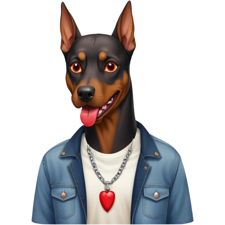 Generate a emoji of a big evil doberman dog with red eyes and a tongue sticking out, give the doberman a human body with a white shirt and baggy jeans emoji