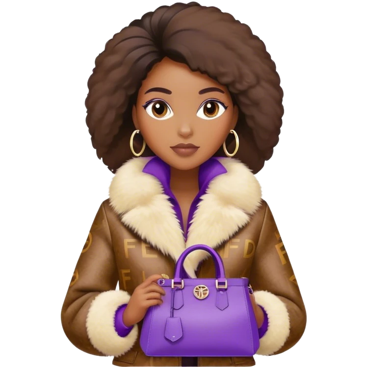 Beautiful black woman wearing a brown monogram Fendi jacket with a fur trim. She is carrying a purple Fendi peekaboo bag. I want the image to start at her head and end at the chest emoji