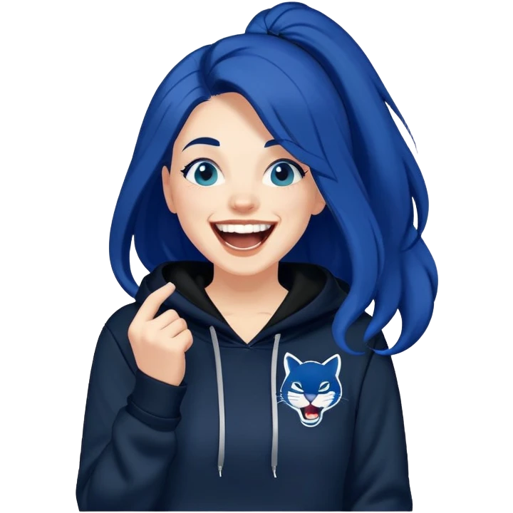 White 30 year old woman with long dark blue hair laughing hysterically wearing a black hoodie with a PUMA  emoji