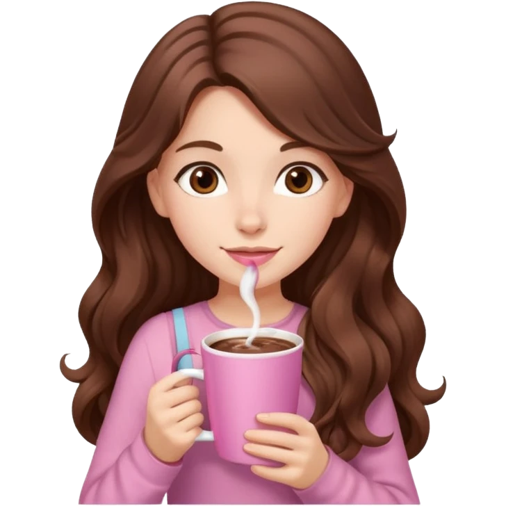 menina branca com cabelos castanhos longos ondulados com xícara rosa na frente com chocolate quente, com blusa de alça fina emoji